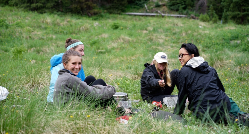 Four people sit in a grassy area